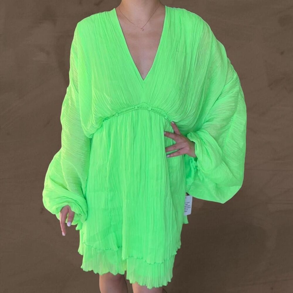 Asos curve Neon Green dress Pleated Batwing Trapeze Mini Tie Lined size 14